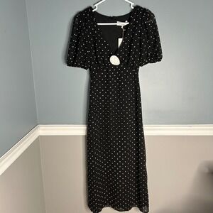 WAYF Black White Polka Dot Puff Sleeve Midi Dress Nordstrom XS